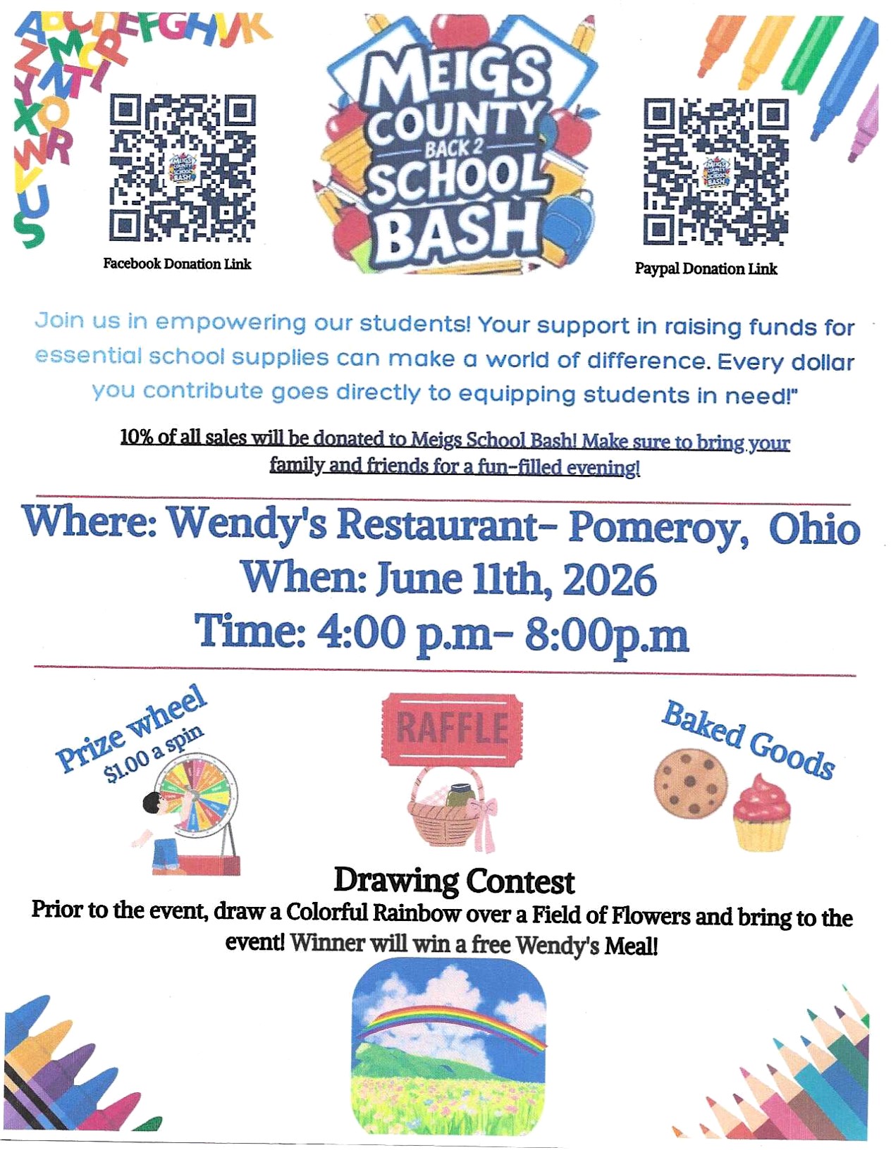 Image shows information for the back to school bash that is typed out above. It also has QR images that will take you to links to donate via Facebook and PayPal